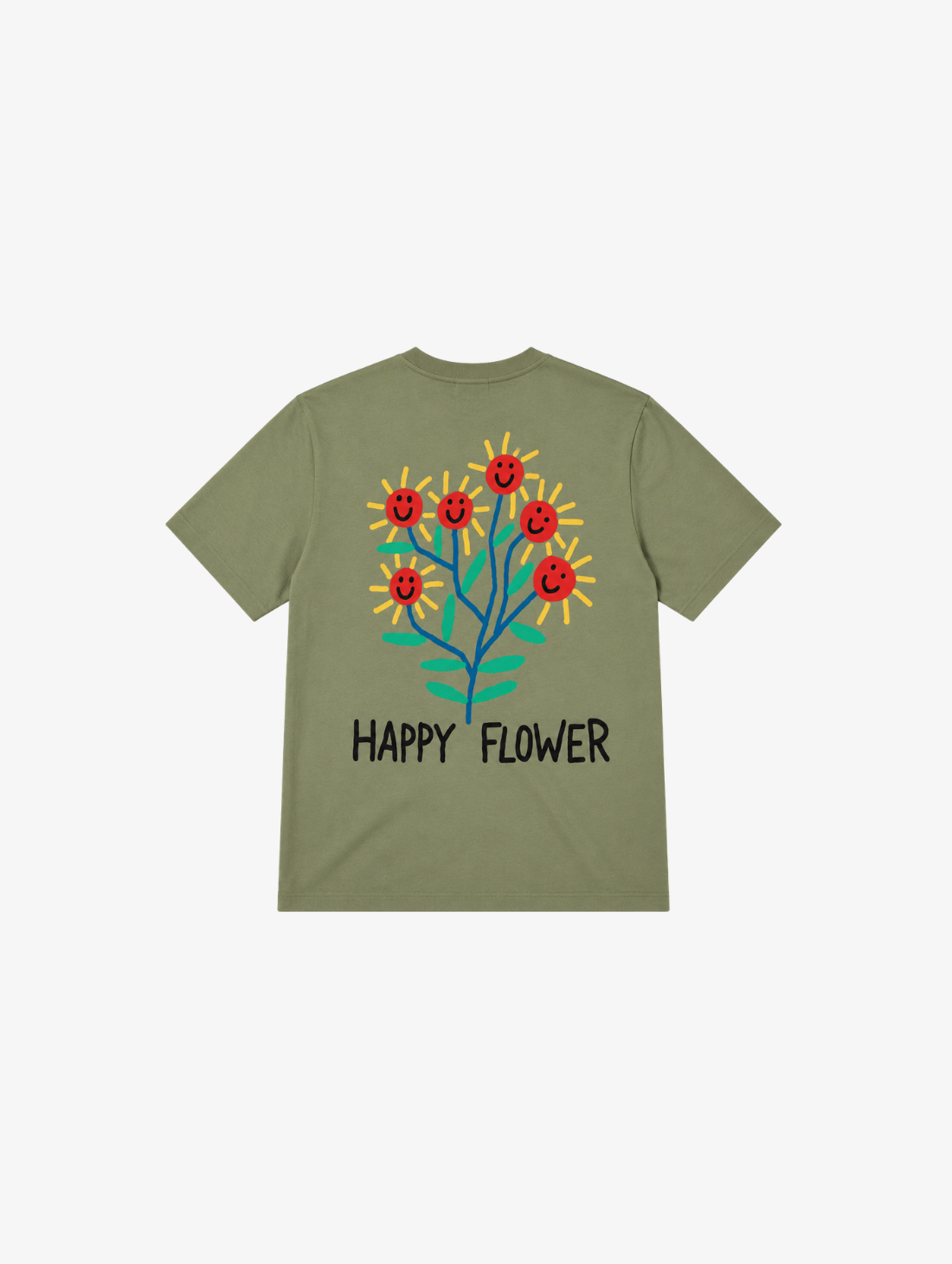 OLOW Happy Flower organic cotton t-shirt in sage green with embroidered smiling sun, front view