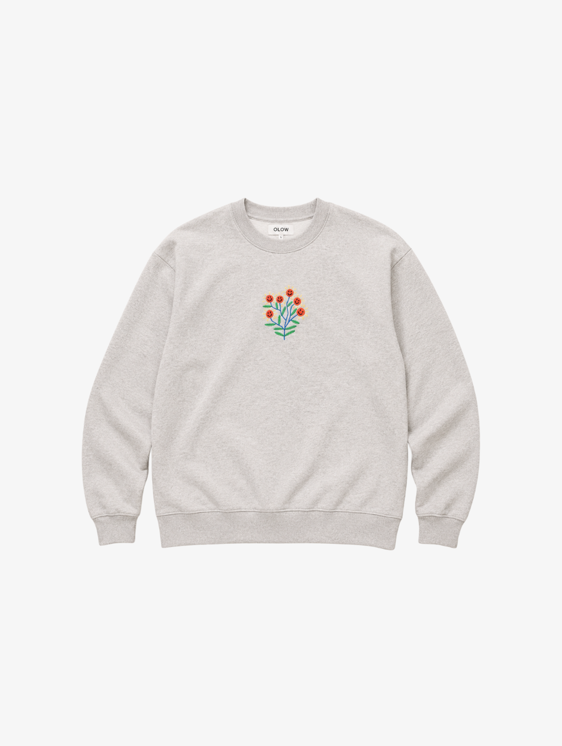 OLOW Happy Flower organic cotton sweatshirt in grey with 3TTMAN smiling flowers print