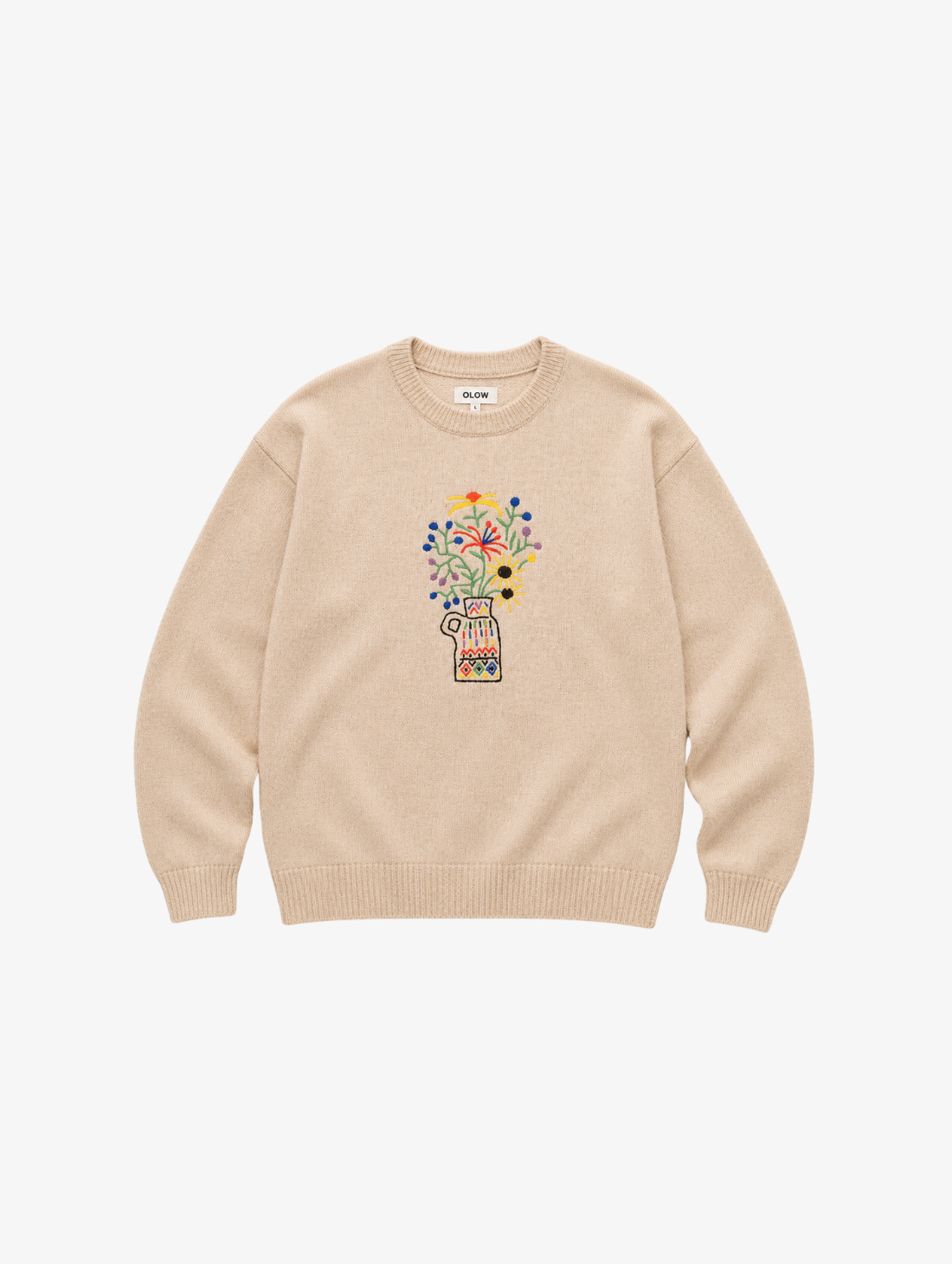 OLOW Bunch Pull merino wool sweater in ecru with colourful 3TTMAN flower bouquet embroidery