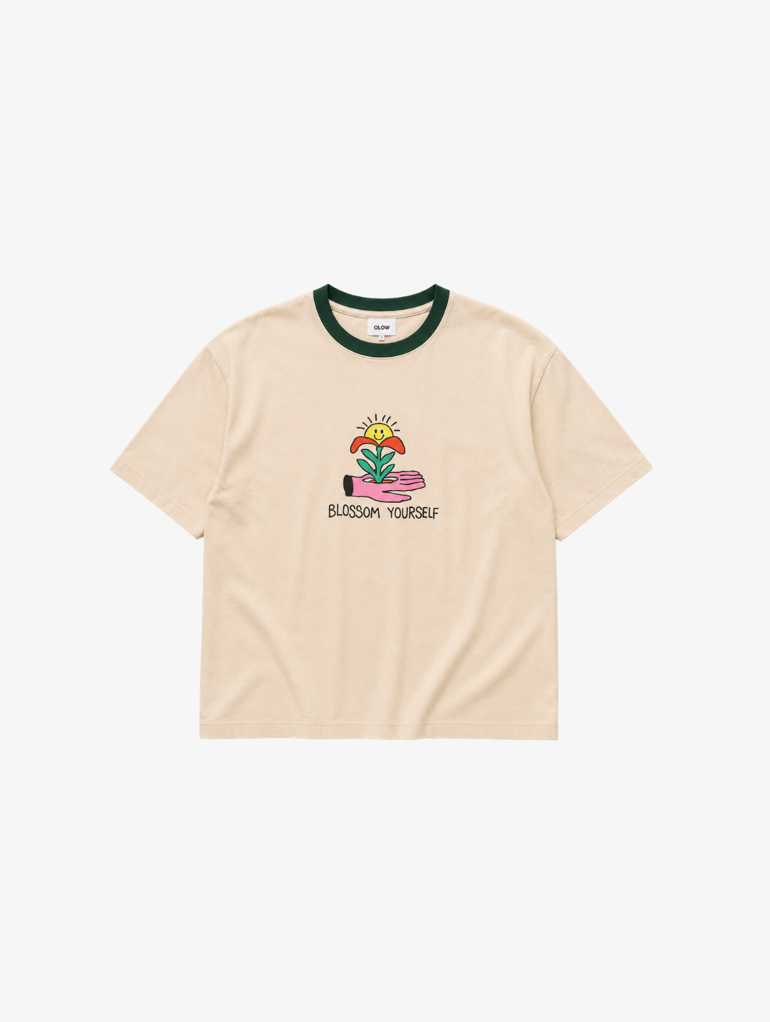 OLOW Blossom Yourself organic cotton t-shirt in cream with 3TTMAN artwork and green crew neck